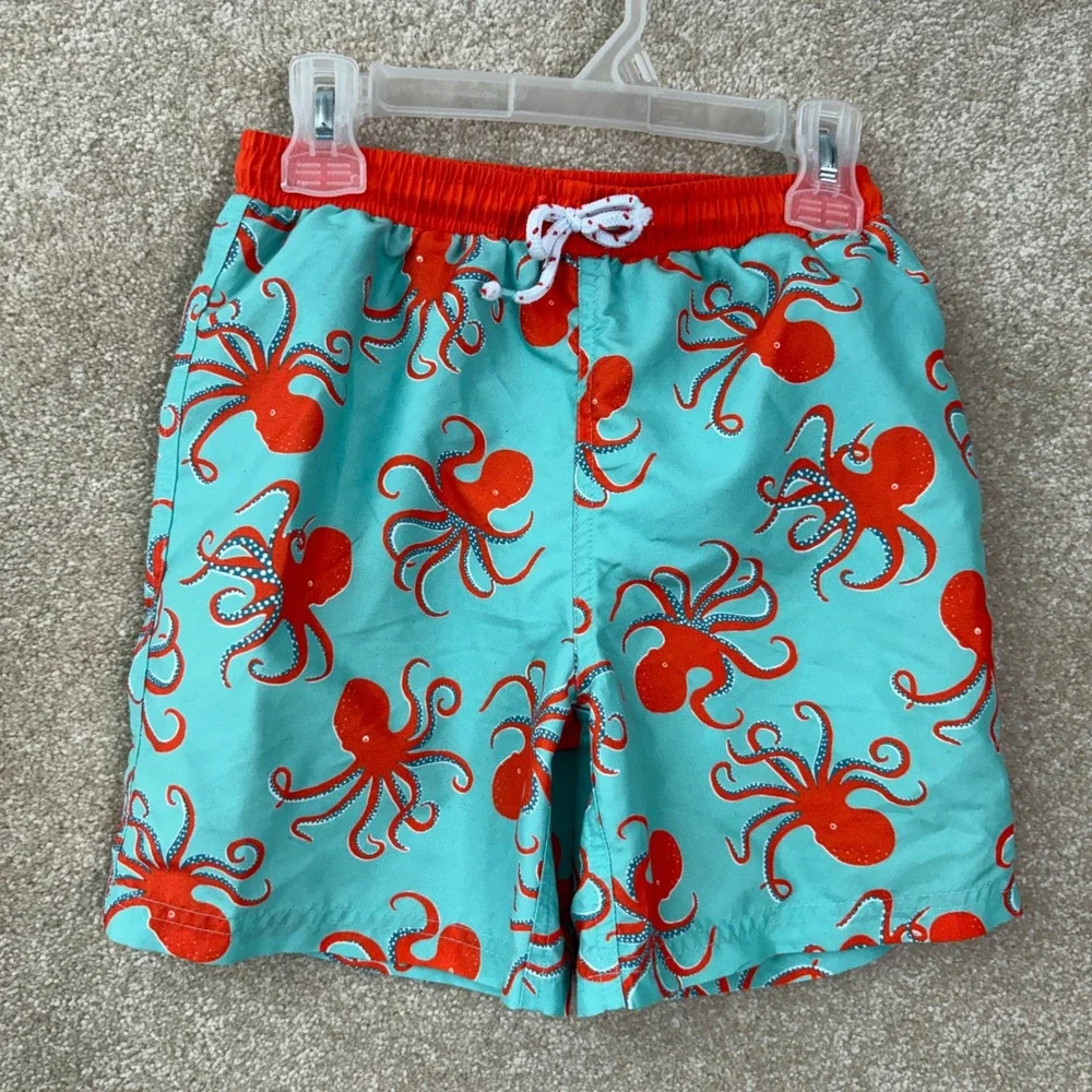 MINI BODEN Swim Trunks Boys Size 8 Blue Orange Octopus Print Beach Shorts
